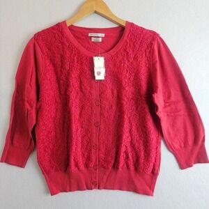 Van Heusen Studio Red Lace Front Cardigan Sweater 3/4 Sleeve Button Up Large NEW